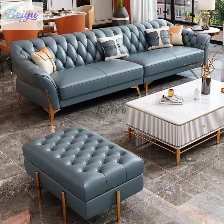 

American light luxury leather three-person small apartment straight-row sofa modern simple first-layer cowhide living room combi