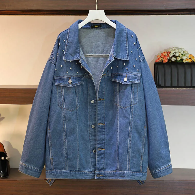 

150Kg Plus Size Women's Bust 155 Denim Jacket Spring New Loose Hot Diamond Single-Breasted Coat Blue 5XL 6XL 7XL 8XL 9XL