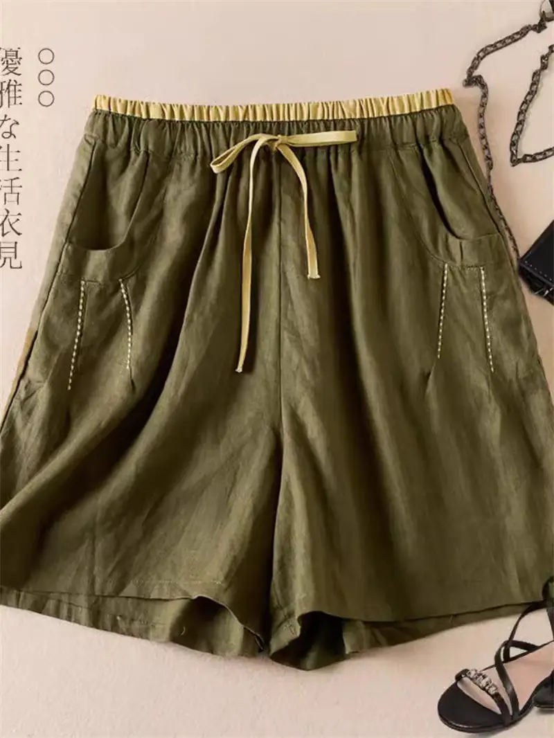 Calça rami de cor fina bloqueada para mulheres, calça cinco quartos, algodão solto e linho, perna larga casual, shorts bordados, K1838