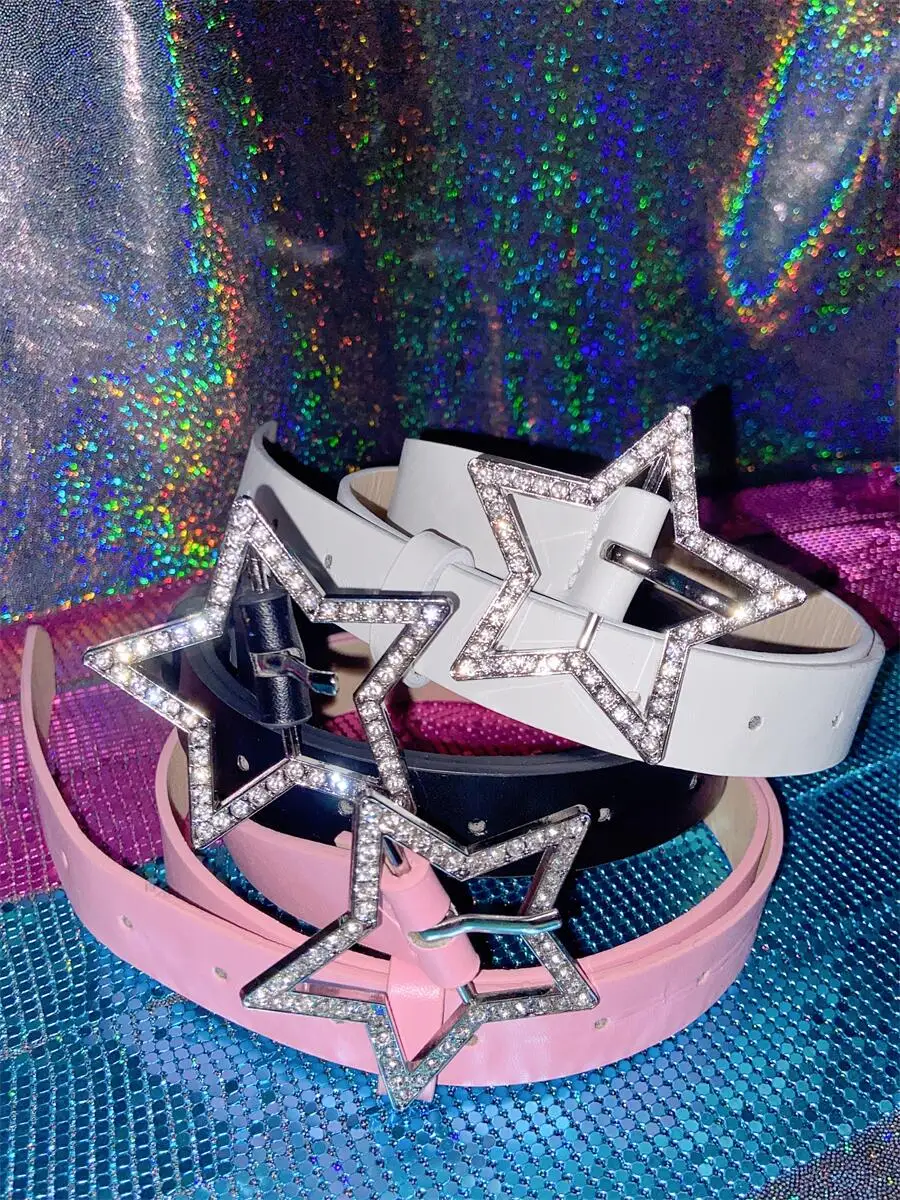 Pink Y2K Star Buckle Belt Leather Elastic Binding Embellished Waistband Sparkling Rhinestone Retro Bride Decoration Accessories