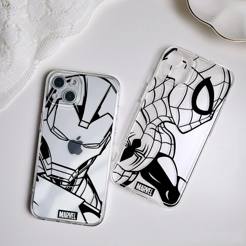 Marvel Iron Man Spiderman phone case for iphone 11 12ProMax 14 15 plus 13 Mini SE X XR 7 8 Plus 6 6s Plus XS MAX Transparent bag