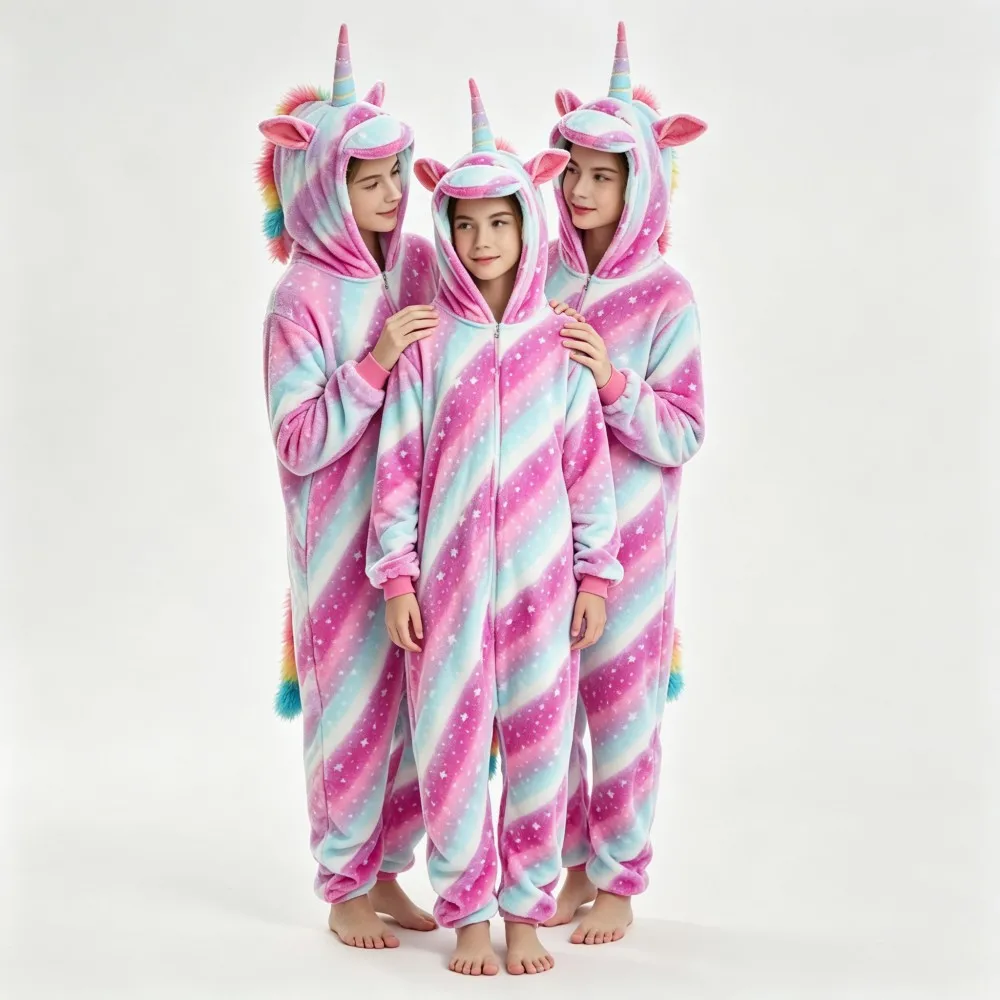 Unicorn Girls Pajamas Flannel Soft Warm One Piece Hooded Jumpsuits Kids Onesies Animal Cartoon Kigurumis Homewear Sleepwear