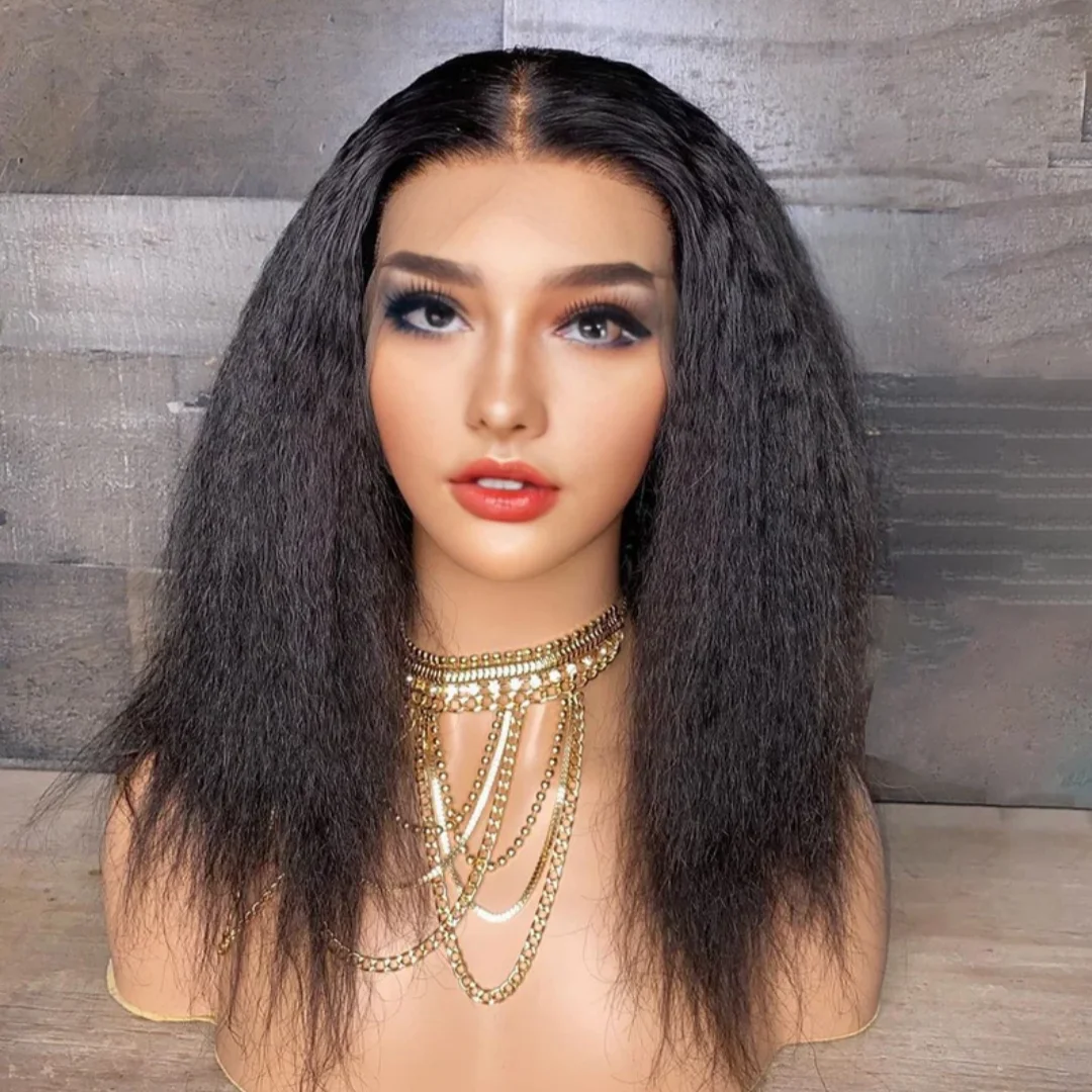 Black 24Inch Long Glueless Kinky Straight Yaki Soft Lace Front Wig For Women With Baby Hair Preplucked Daily