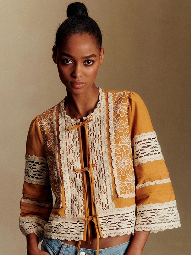 

Elegant Cotton Linen Women's Shirt Embroidered Floral Contrast Color Splicing Hollow out Lace Tie Spring Summer Ethnic Style