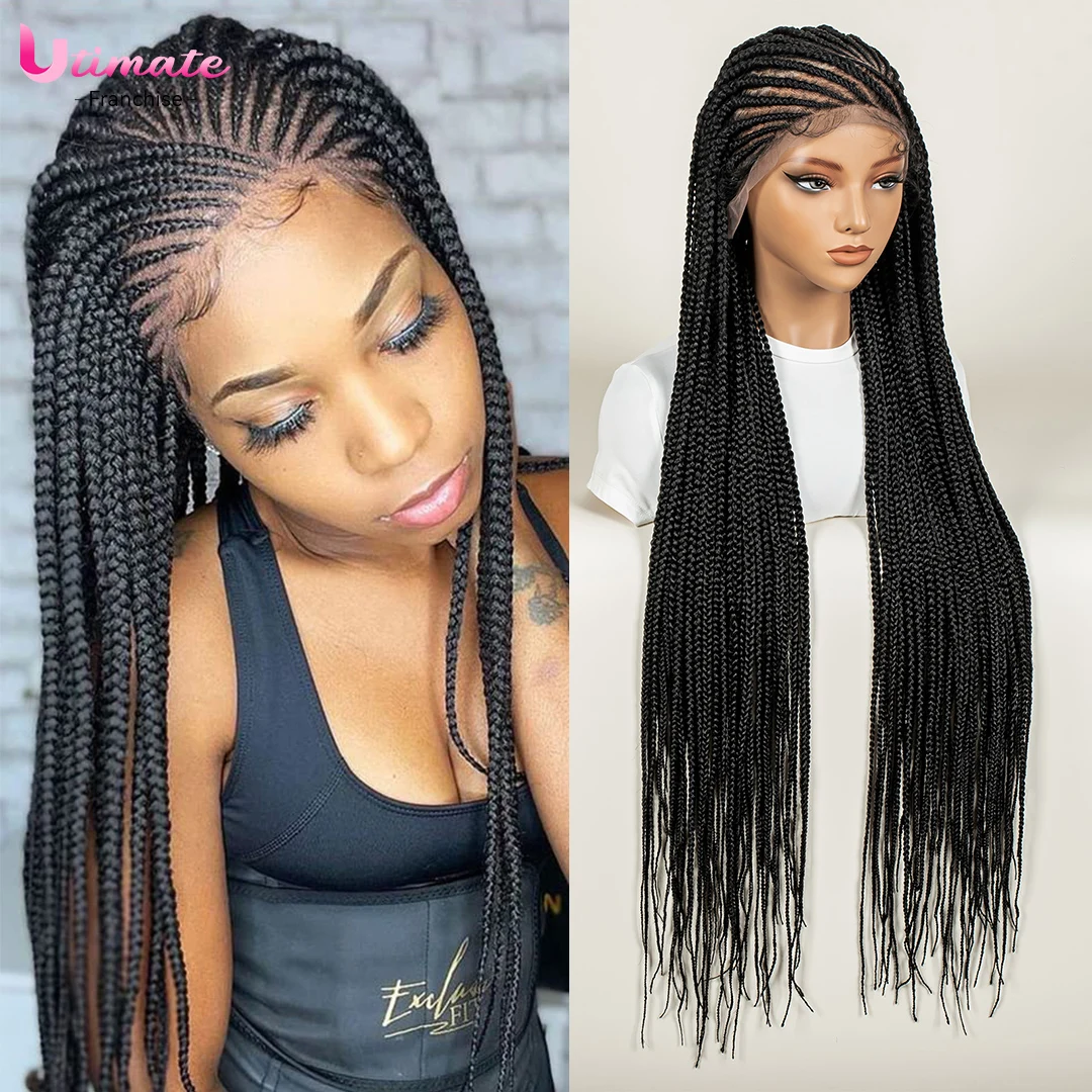 

Парик из синтетических плетеных волос Cornrow с коробкой для детских волос, выщипанные косы, 36 дюймов, полный кружевной парик, подходит для чернокожих женщин, полностью плетеный парик Cornrow