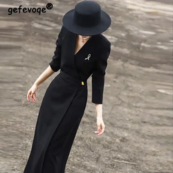 Women Fashion Sexy V Neck Split High Waist Party Dresses Office Lady Minimalist Elegant Commute Suit Dress Black Slim Vestidos