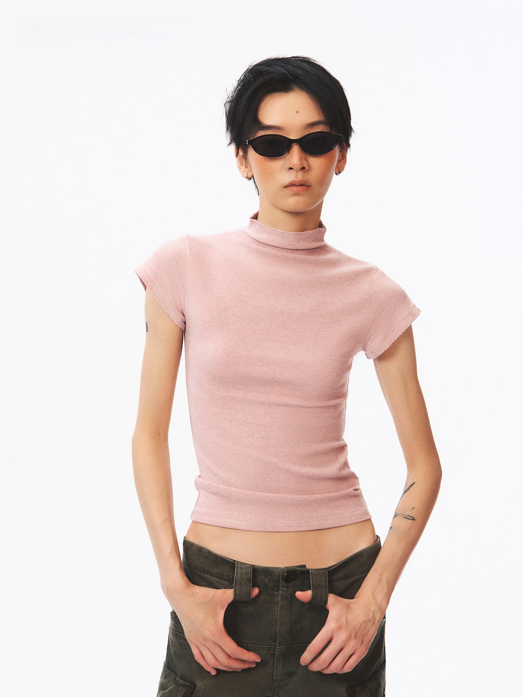 VERMO Soft Skin-Friendly Mousse Fleece Short-Sleeve Half-High Collar High-Elastic Base Shirt Top Casual Style Women's T-shirt
