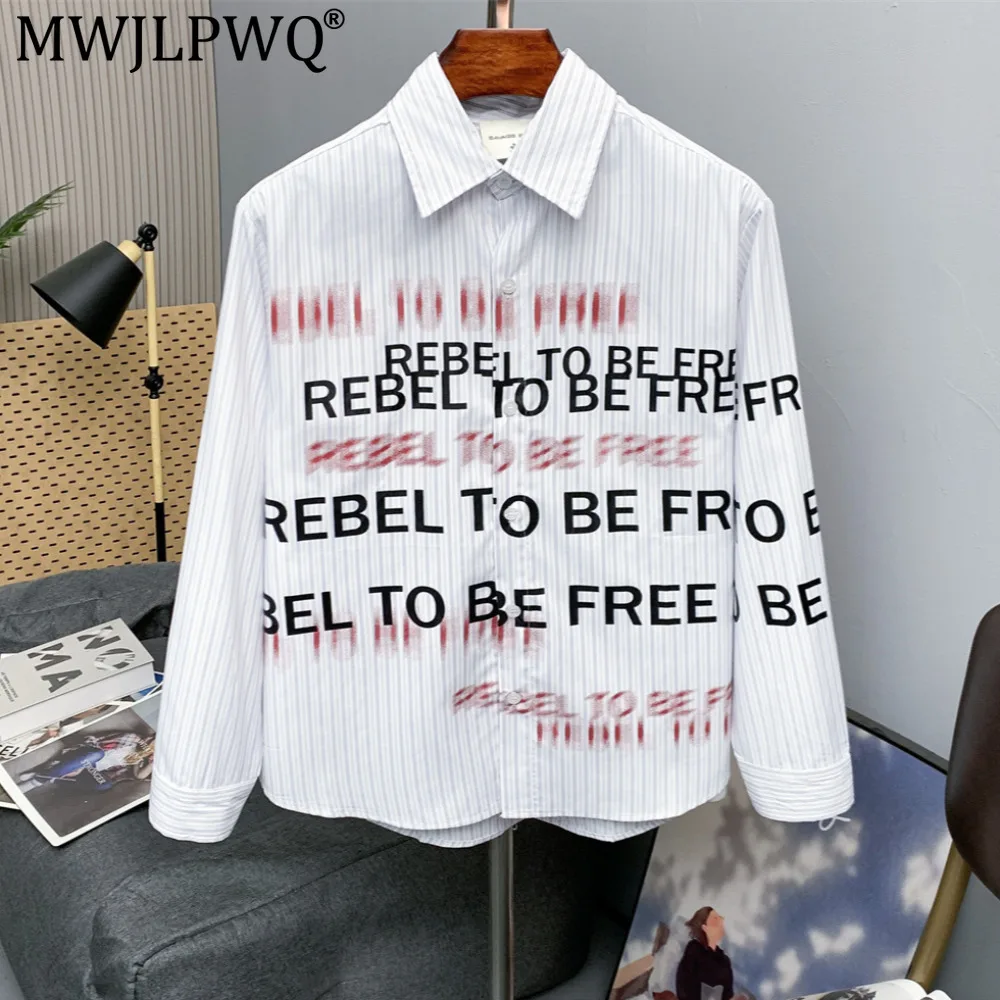 MWJLPWQ American-Style Vertical Striped Letter Print Long-Sleeve Shirt Men Loose Fit Trendy Casual Turn-Down Collar Tops 20474