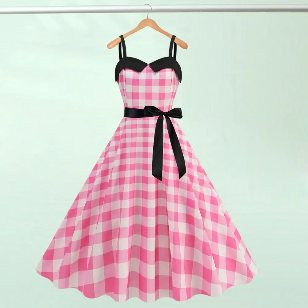 Party Dress Elegant Retro A-line Midi Dress with Bow Decor Plaid Print for Women for Wedding Prom or Party Events Cocktail Dress