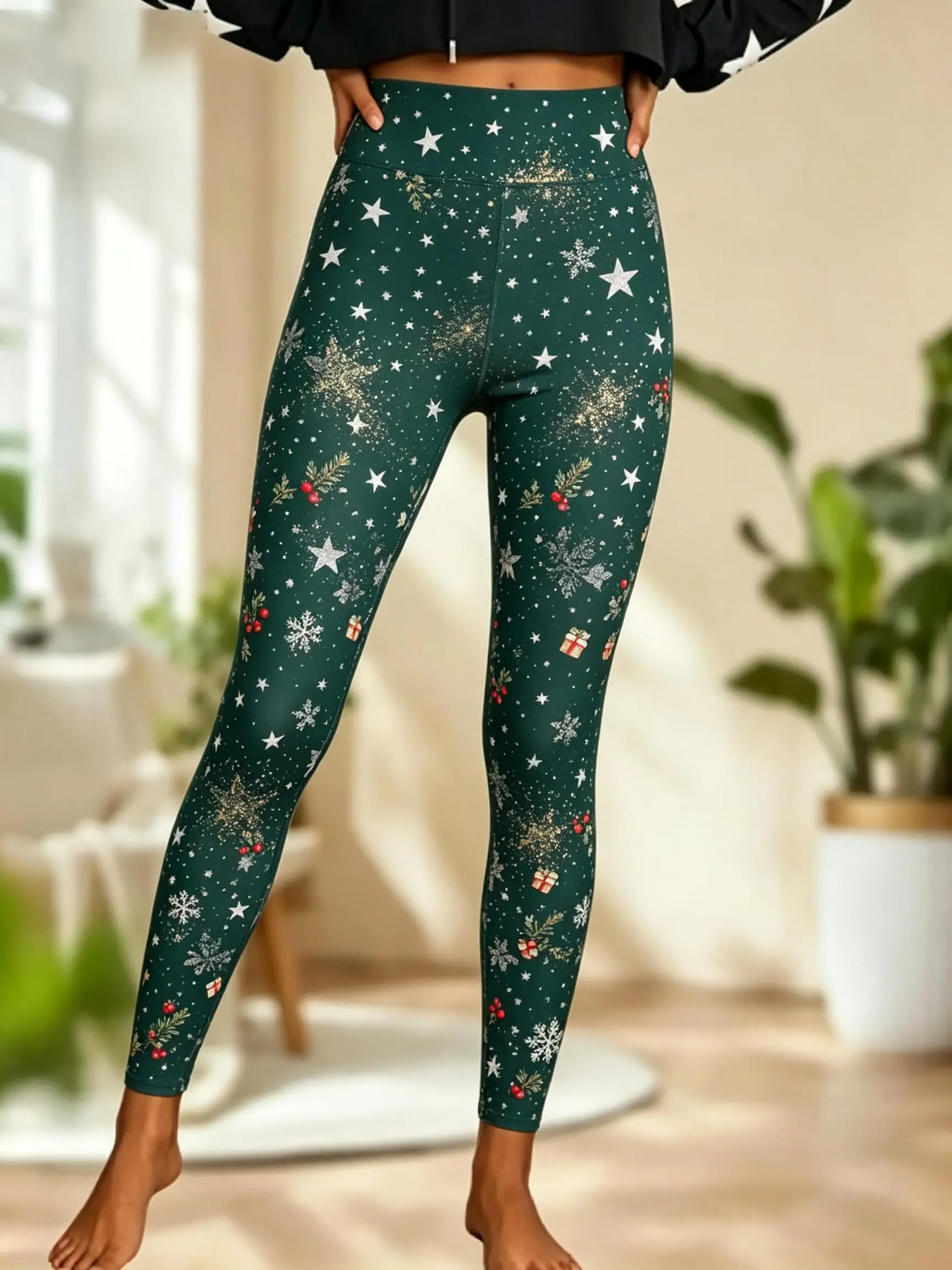 Women Fleece‑Lined Mid‑Rise Leggings Christmas Snowflake Gingerbread Man Bell Holly Gift Print Slim Warm Pants