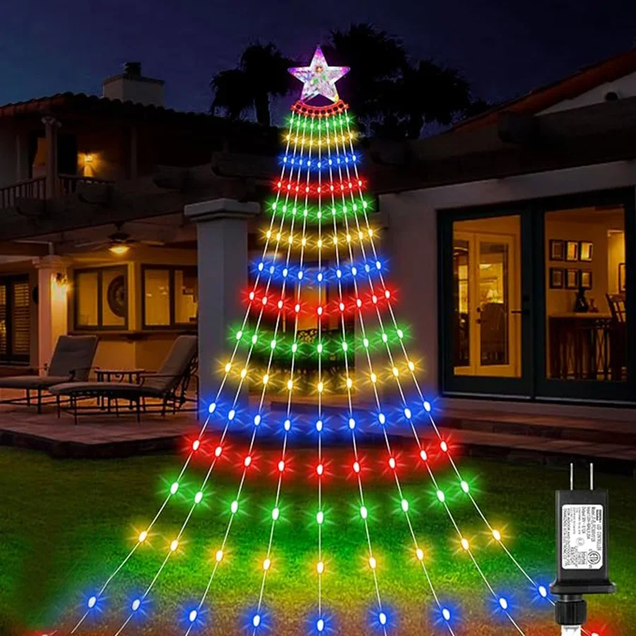 3M 9 Strands ตกแต่งคริสต์มาส Star String Light 288LED กลางแจ้งน้ําตกต้นไม้พร้อม Topper Star Christmas Icicle Light