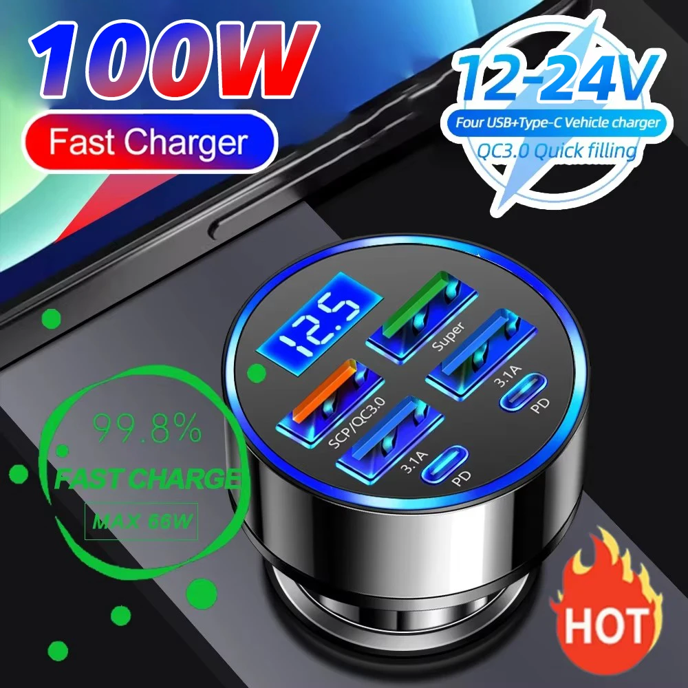 Cargador de coche de 100W y 6 puertos, carga rápida PD Qc3.0, cargador de teléfono USB C, adaptador tipo C para coche, para iPhone, Samsung, Huawei, Xiaomi