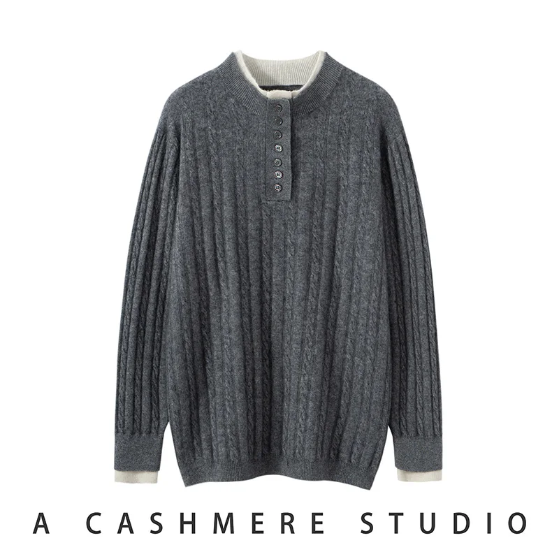 Two Fake Men's Half high neck Knitting Sweaters Keep Warm Winter 100% Cashmere Pullover Casual Fried Dough Twists Men's Clothes.