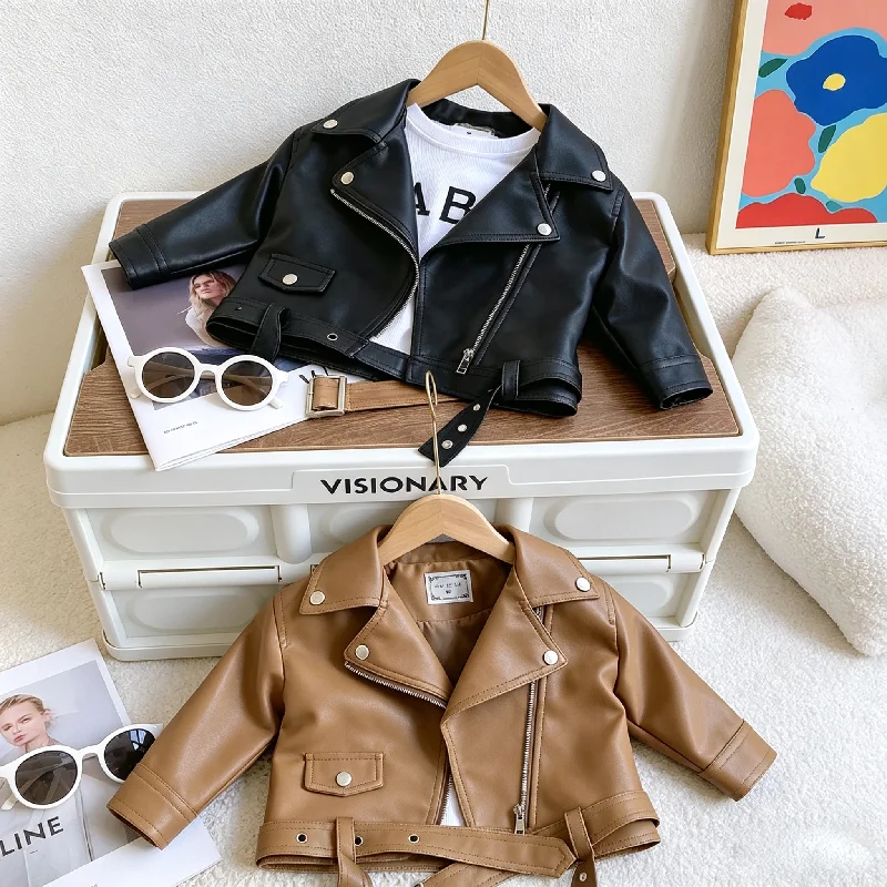 Boys Girls Pu Leather Jackets Spring Autumn Kids Zipper Trends Coats Children Handsome Outerwear Teen Classics Clothes 2-10 Year