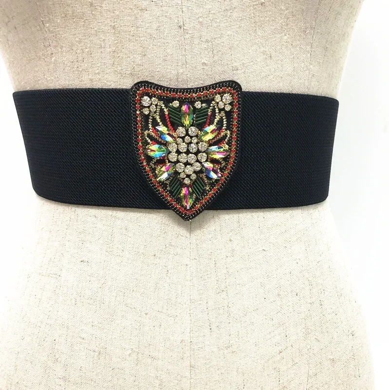 

Women's Runway Fashion Diamonds Beaded Elastic Cummerbunds Female Dress Corsets Waistband Belts Decoration Wide Belt R177