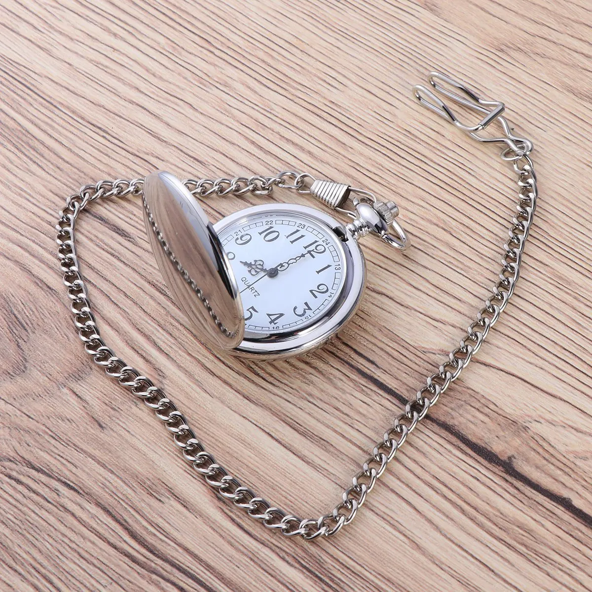 Vintage Men Pocket Watch Silver Stainless Steel Mechanical Movement White Arabic Numerals Dial 12-Hour Time Display Removable