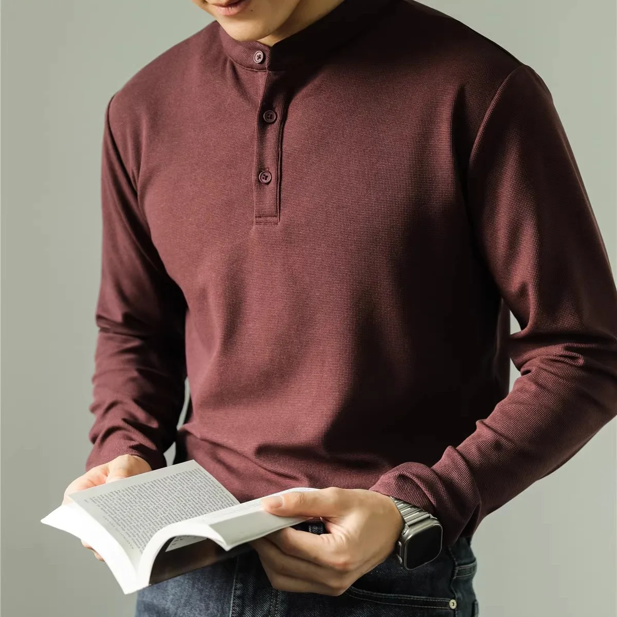 

High-end New Men's Business Casual Long Sleeve Polo Shirt Stand Collar Solid Color Henley Neck T-shirt.M-4XL