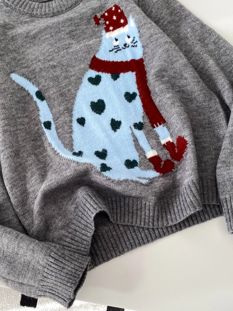 韓国 Sle ラウンドネックプルオーバーセーター レディース ルーズ ロングスリーブ 秋 かわいい プリント 着痩せ ニットウェア 通勤