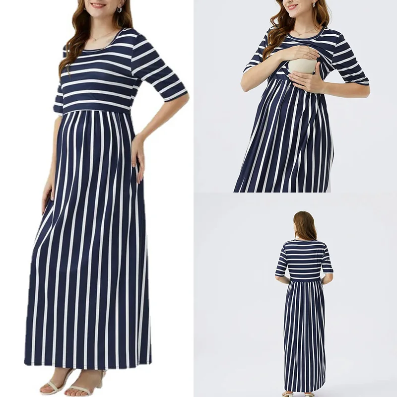 

2022 O-neck Long Sleeve Maternity Dresses Fashion Stripe Pregnant Women Clothing Nursing Long Dress