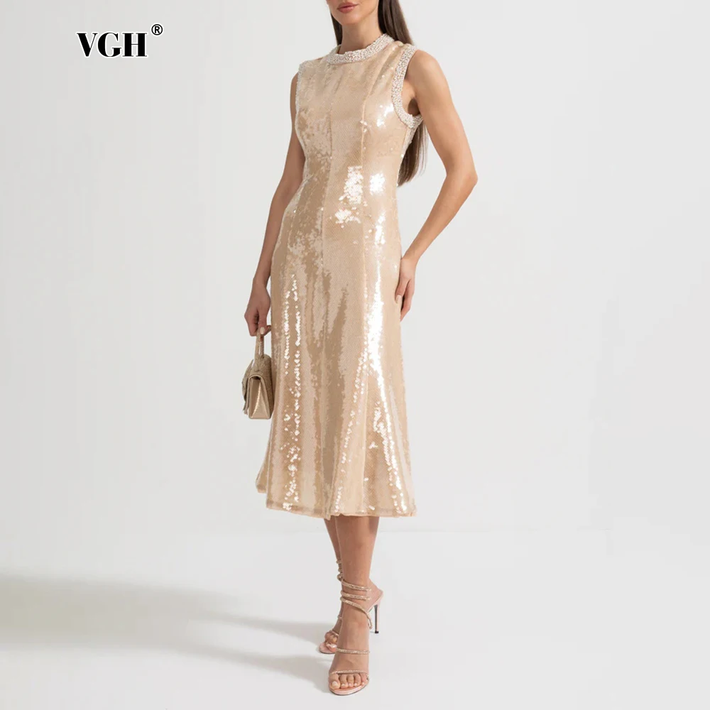

VGH Spliced Sequin Sexy Slimming Solid Dresses For Women Round Neck Sleeveless High Waist Elegant Dress Female Fashion Style New