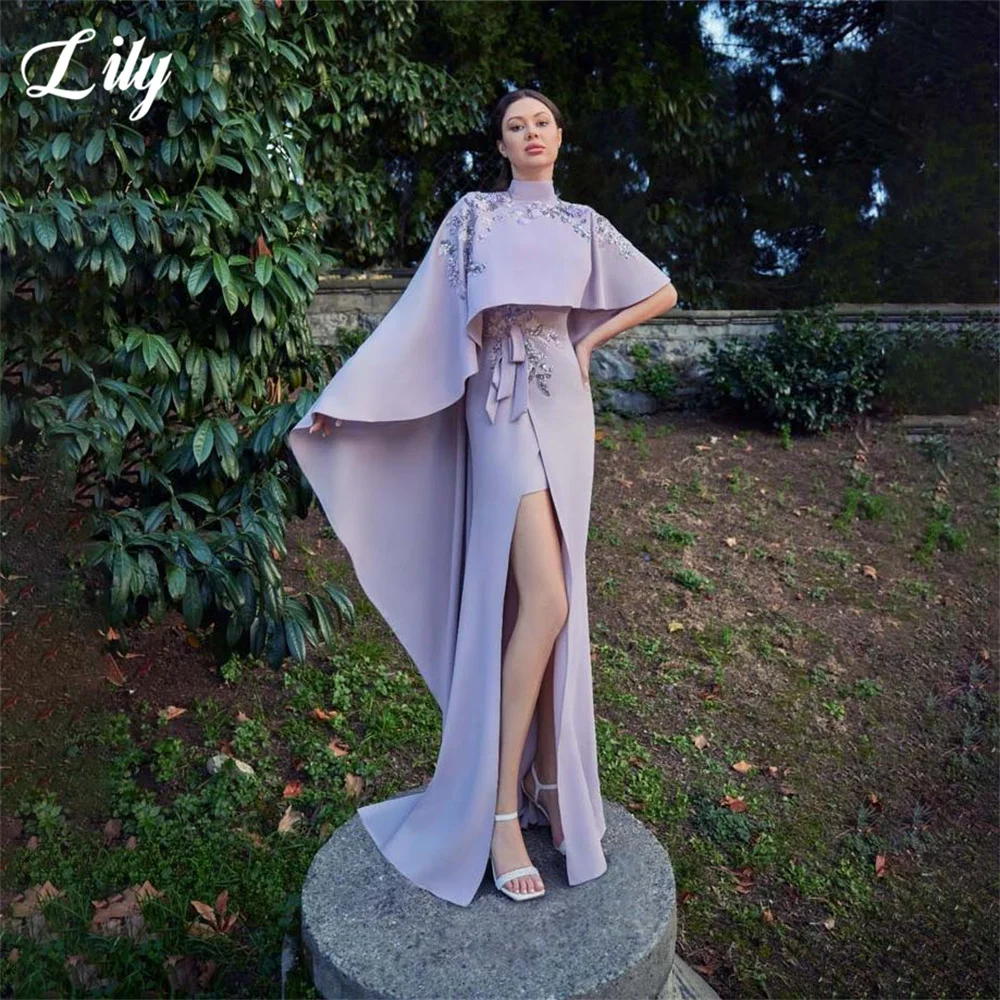 

Lily Light Lilac Formal Gown High Collar Off the Shoulder Prom Dresses with High Split Evening Dress Modern Style Customized