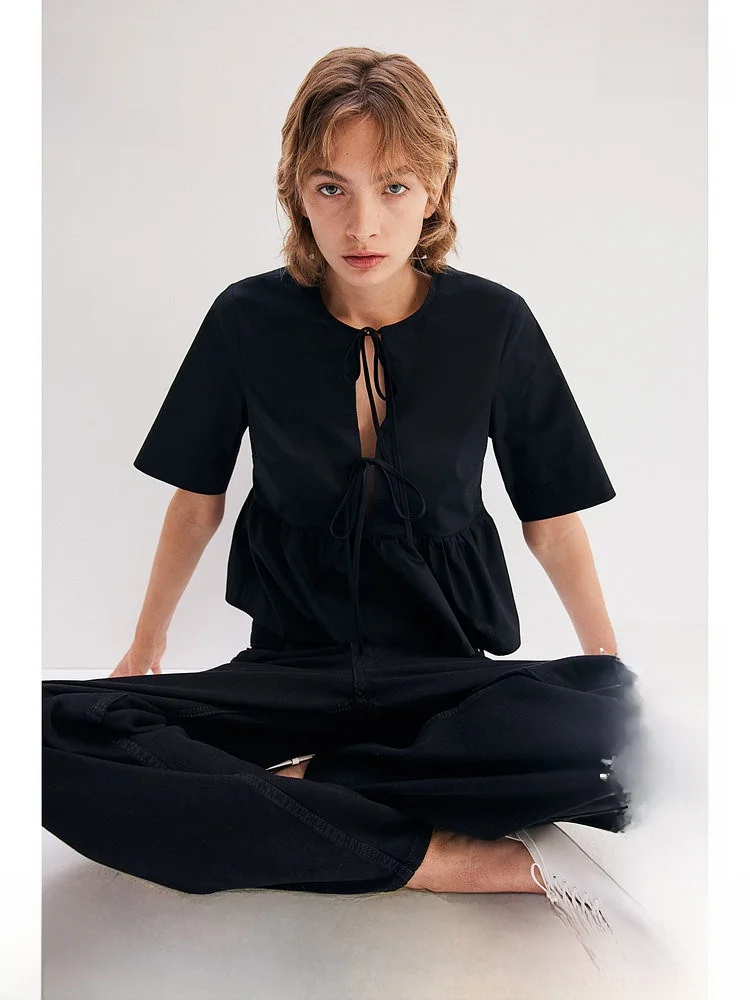 

H&M Women's Casual Shirt Summer Fashion Front Tie round Neck Long Sleeve Cotton Color Casual Style 1202833