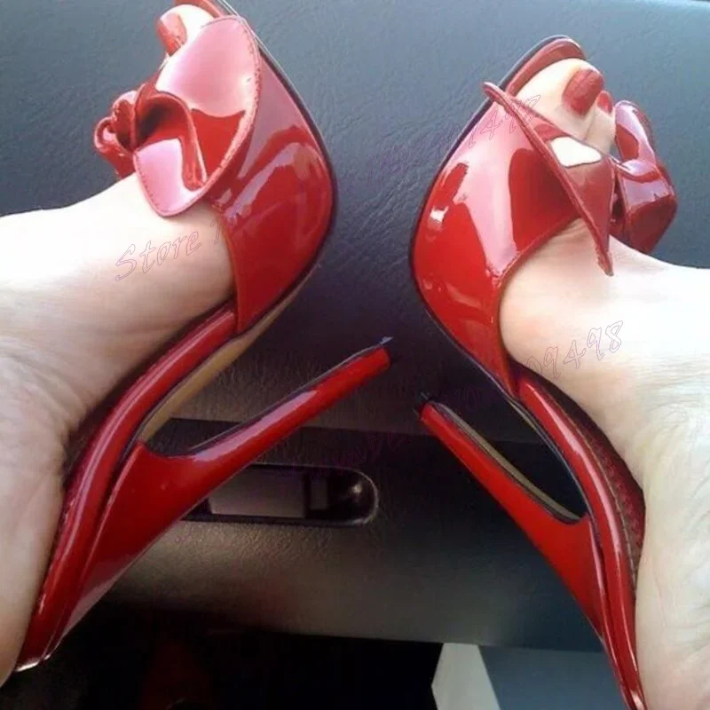 

Red Bow Knot Sexy Slippers Patent Leather Open Toe Shoes for Women Extreme Thin High Heels Party Shoes 2024 Zapatos Para Mujere