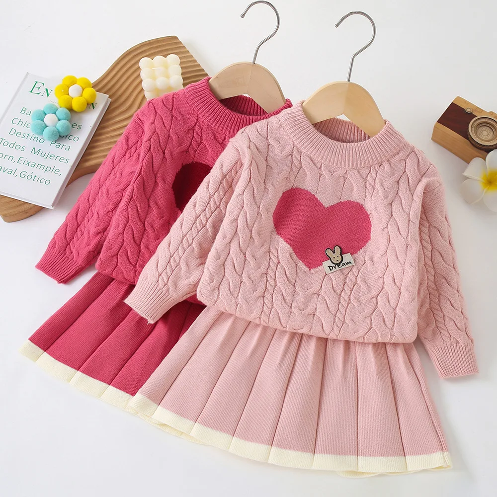 Children's Clothing Sets Love Twist Knitted Top + Pleated Skirt Baby Girl Winter Clothes Knit Sweater Kids Clothes Girls