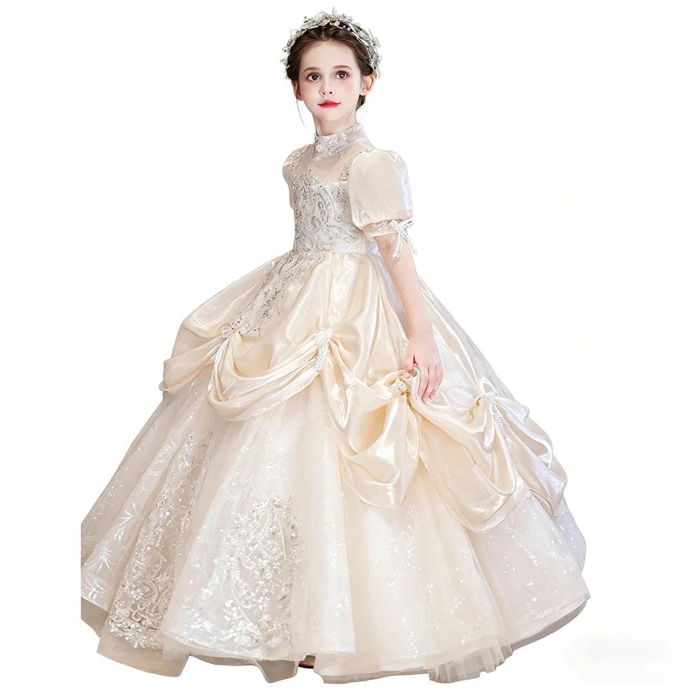 Luxury Champagne Girl Dress Puff Sleeve Shiny  Pageant And Evening Party Gown For Girls Princess Formal Occasion And Wedding