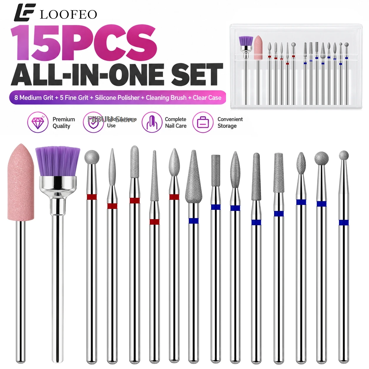 15pcs Nail Drill Bits Set with Clear Storage Case E-File Bits Kit for Manicure Pedicure Milling Cutter for Cuticle Prep Shaping