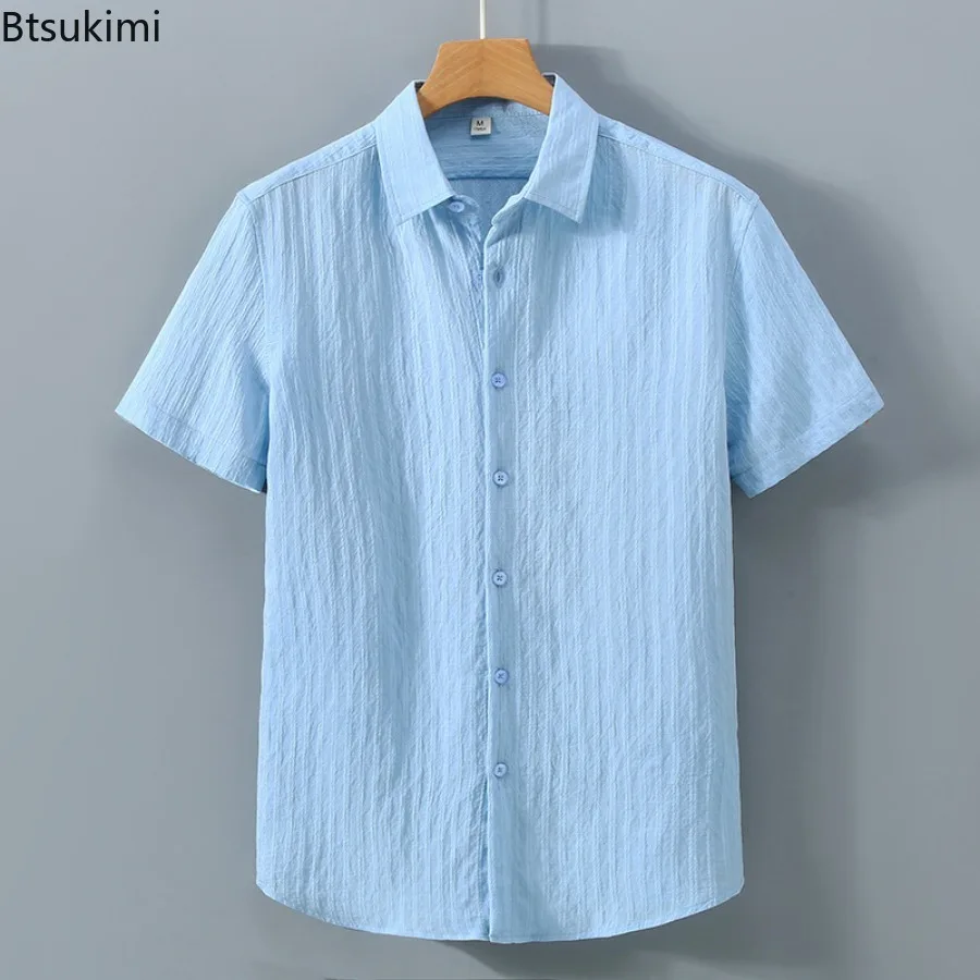 Summer New Solid Stripe Shirts for Men Breathable Short Sleeve Single-breasted Lapel Shirts Simple Casual Blouses Men Basic Tops