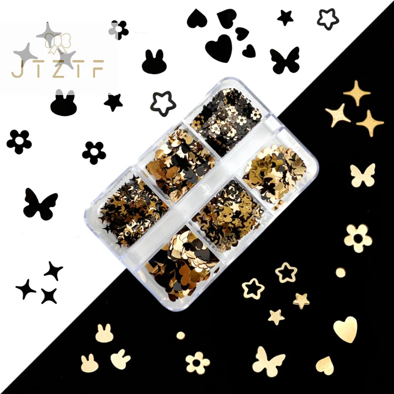 

1 Set Beauty Nail Decoration Black And Gold Butterflies Rabbits Love Stars Nail Mixed Colorful Sequins DIY Nails Accessories