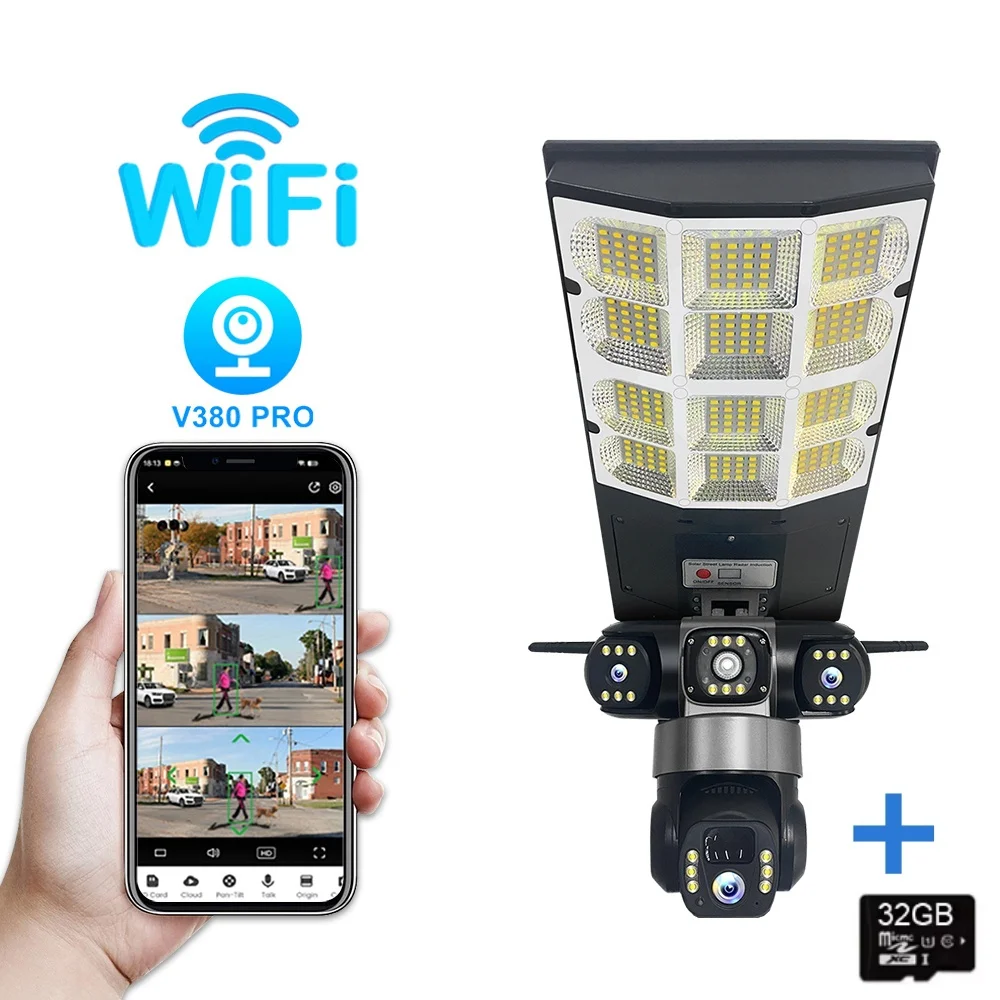 Solar WIFI Straatlantaarn HD Camera 15MP 10X Zoom Drie Lens Opname Humanoïde Tracking Buitencamera's LED Lamp Afstandsbediening