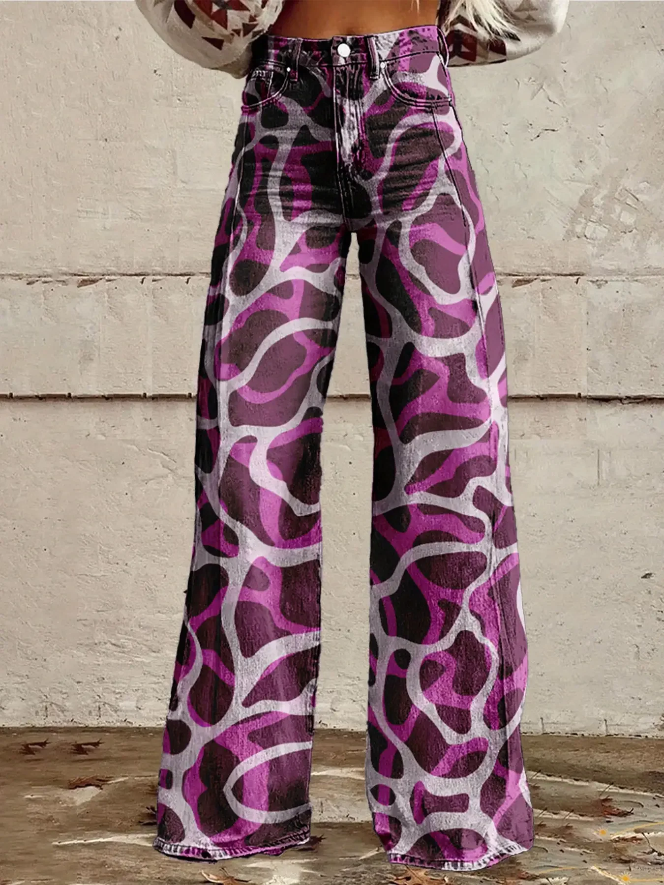 جينز نسائي مقلد مطبوع مع سراويل واسعة عالية الخصر، ملابس خارجية للربيع والخريف قابلة للغسل في الغسالة