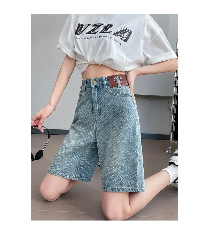 Gewassen blauwe denim shorts met hoge taille, dames nieuwe zomermode dunne losse denim wijde pijpen casual halflange broek
