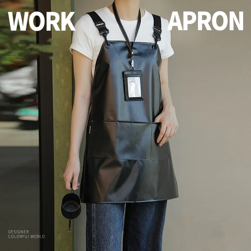 

Unisex Short Soft Leather Apron Black Fashionable Design for Coffee Shops Barber Shops Kitchen Cleaning TPU Waterproof Reusable