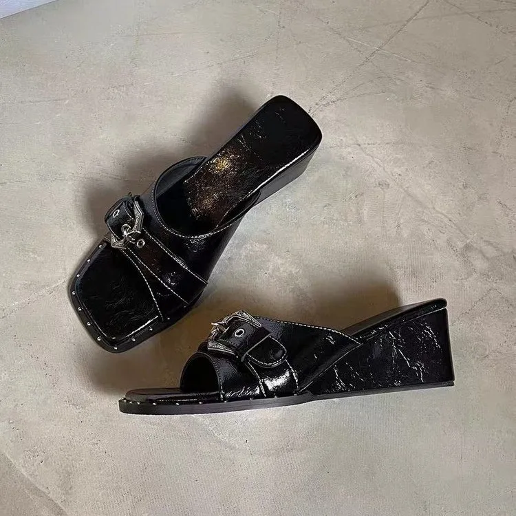 

French-style Wedge Platform Women's Slide Sandals Summer 2026 New Square-toe Studded Black Height-increasing Slippers