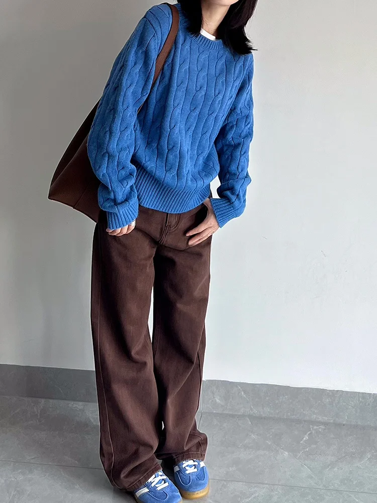 

Широкие джинсы с высокой талией, женские осенне-зимние джинсы маленького размера Fce, коричневые прямые брюки, повседневные вязаные брюки Bootcut