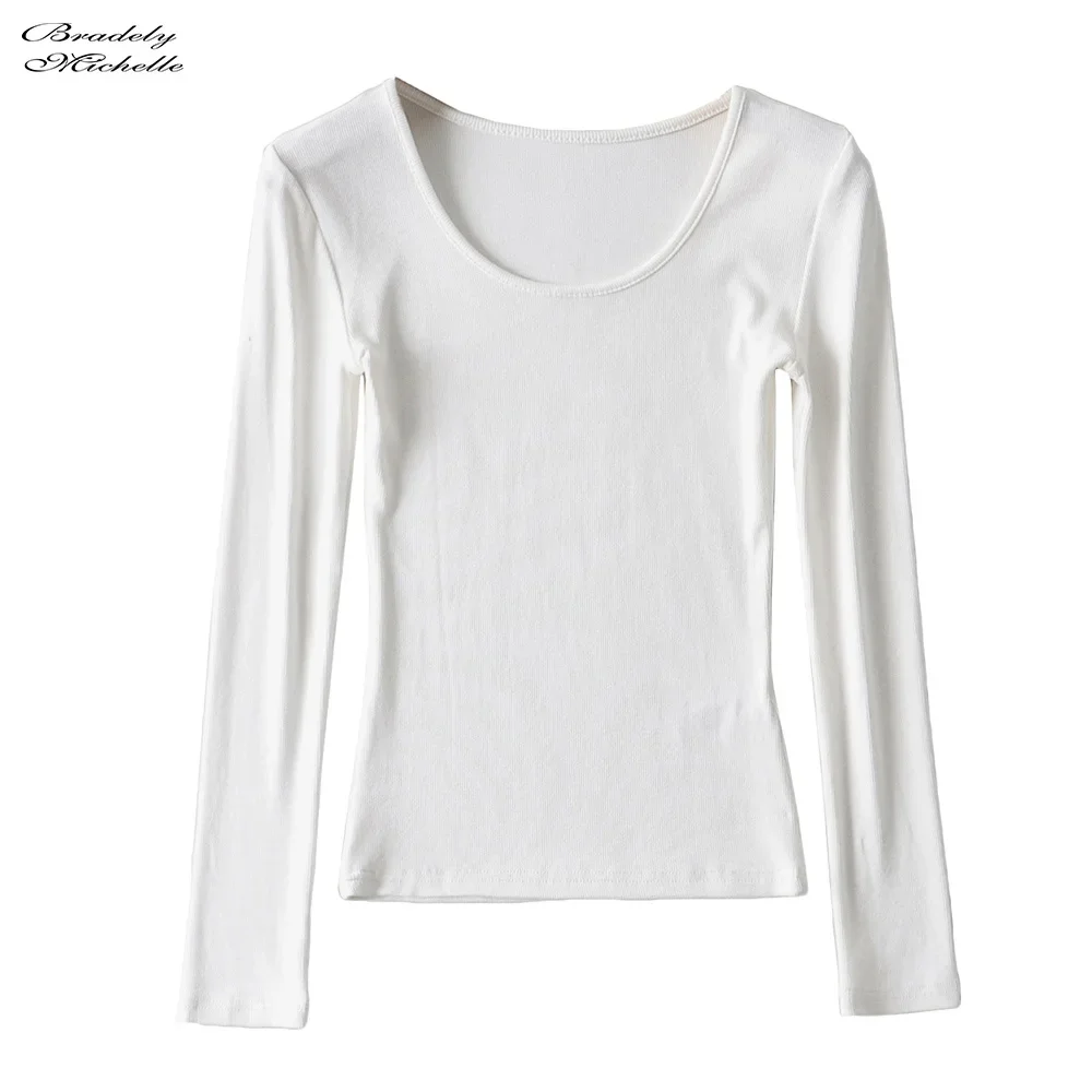 BRADELY MICHELLE Made Women Clothing Tops Fit Casual Elastic Cotton Solid O-neck Full Sleeve T-shirt Women