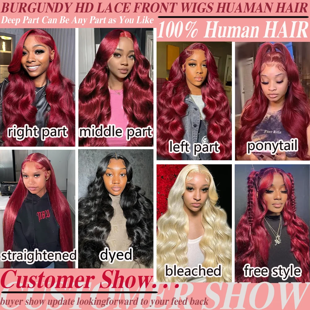 36 inch Body Wave Wig Burgundy 99J Lace Front Wig 13x4 13x6 HD Transparent Lace Frontal Wig Human Brazilian Hair Wigs for Women image 6