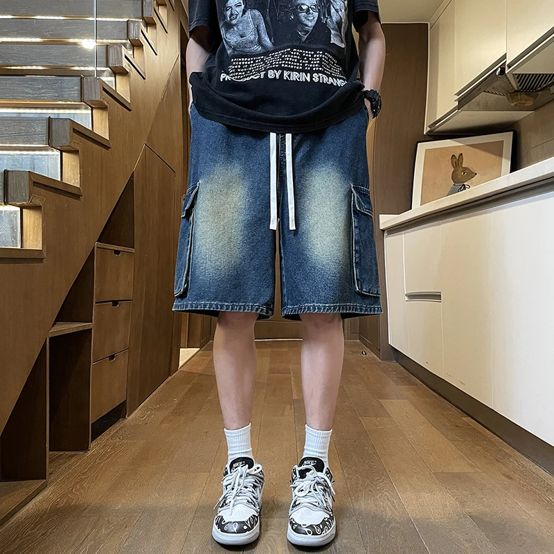 メンズルーズストレートデニムショーツ,新しいスタイル,仕事,ベーシック,多用途,マルチカラー,エラスティック,ウォッシュド,ミドル丈,夏