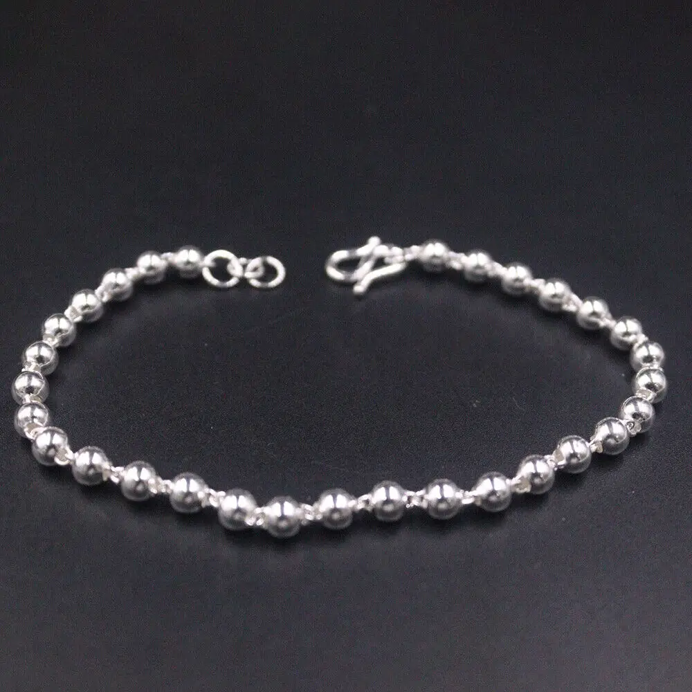 Real 999 Fine Silver Bracelet 4mm Bead Link Chain 7.48inch Stamp on Clasp