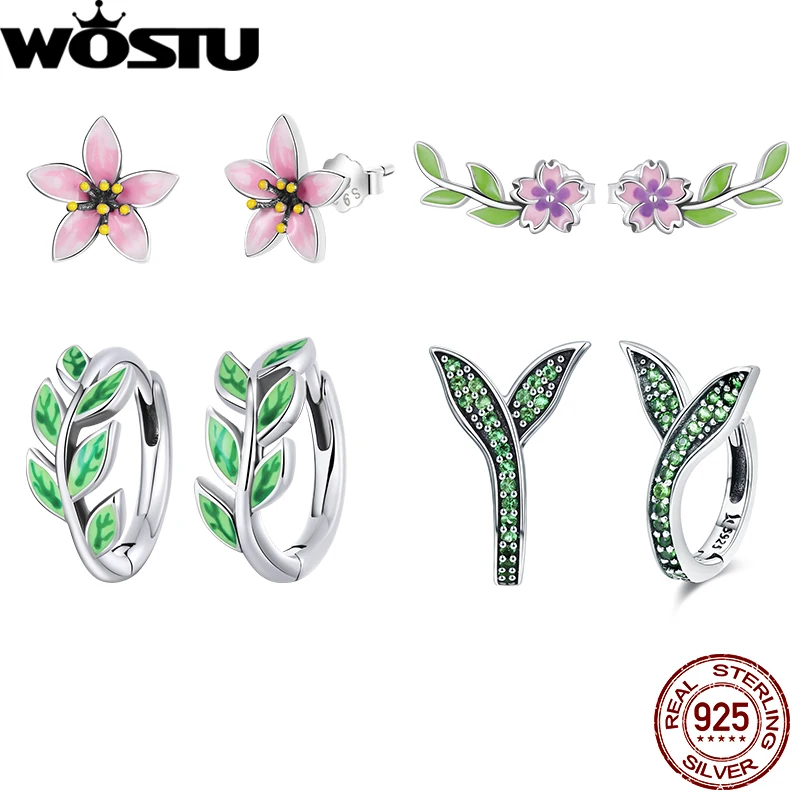 

WOSTU 925 Sterling Silver Hoop Earrings Spring Flower Leaf Swallow Studs For Women Shining Zircon Earring Girl Party Jewelry New