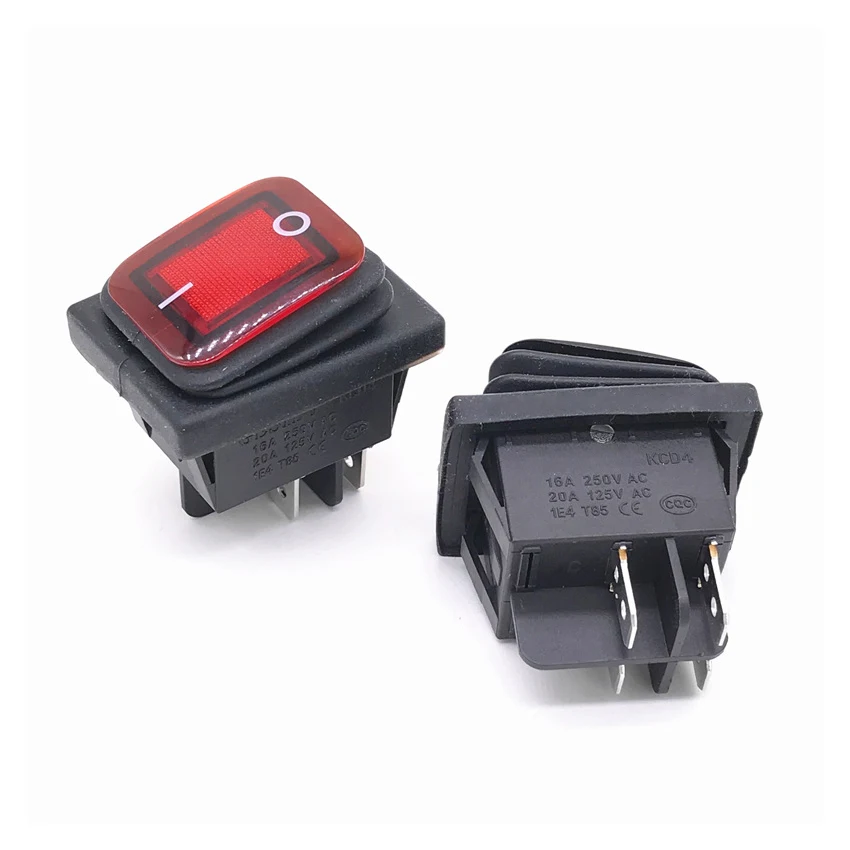 1Pcs KCD4 Waterproof Rocker Switch 4 Pin self-locking 16A 250VAC ON OFF Red/ Green /Yellow /Blue LED Light Button Switch adapter
