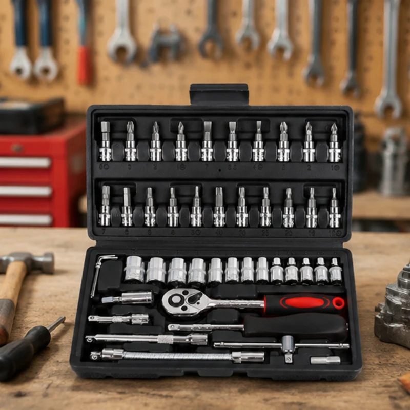 

46Pcs repair tool set ratchet wrench socket bits sturdy hardware tools for car motorcycle daily maintenance and fixing work