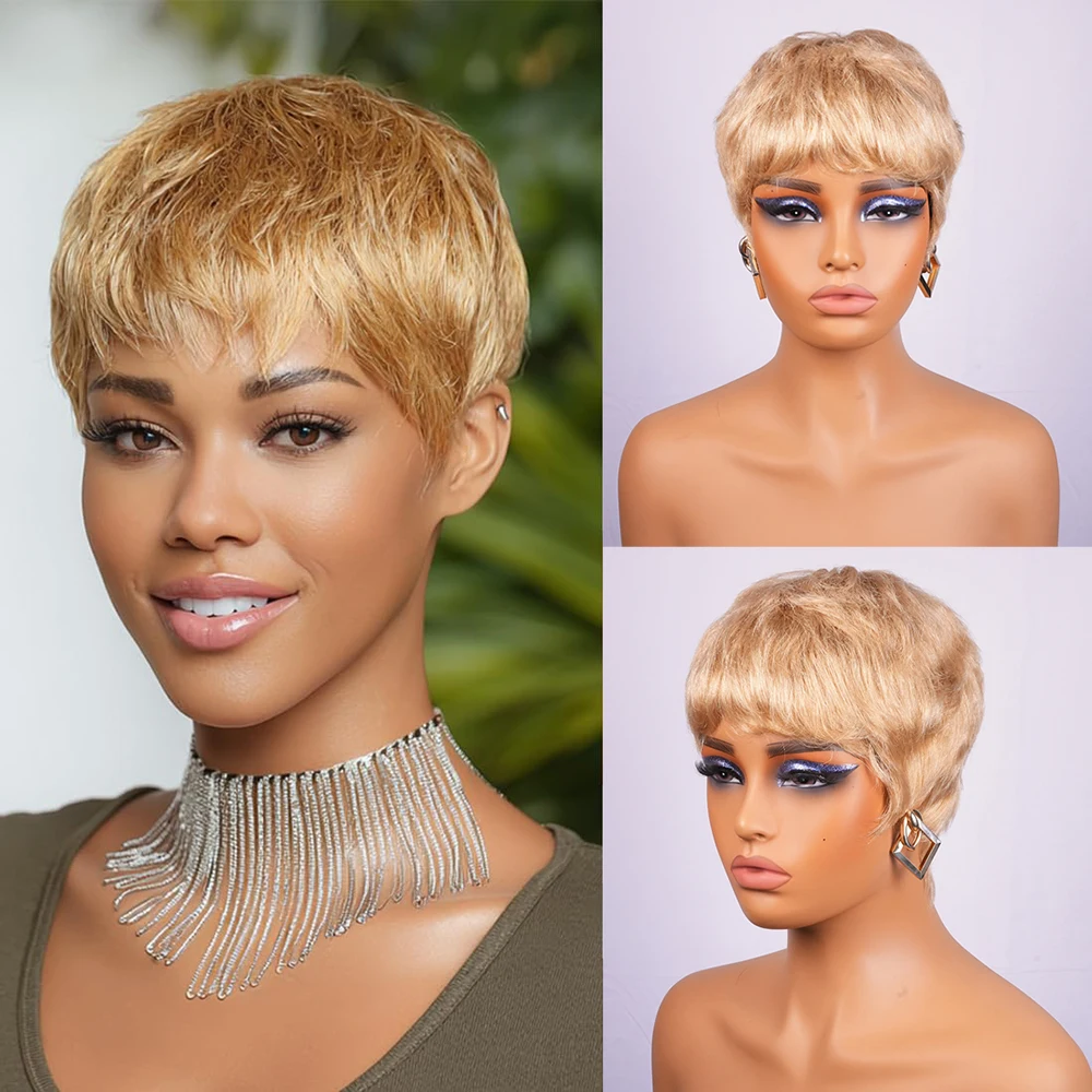 Светлые короткие парики из натуральных волос Парик с стрижкой пикси с предварительно выщипанной челкой для женщин Базильские волосы Машинное производство Прямые парики из человеческих волос