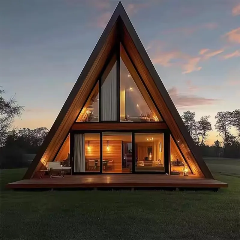A-Frame Luxury Villa with Double Layer Terraces Prefabricated Triangular House with Balcony for Triangle Cabin House Customized