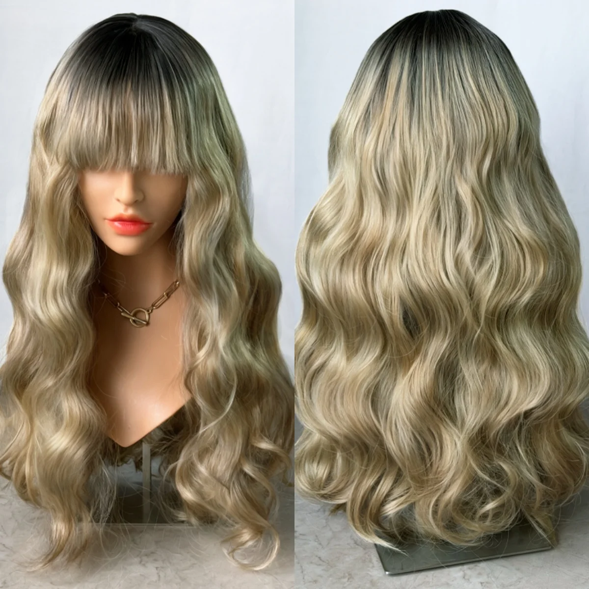 

Ombre Platinum Blonde Shadow Roots Glueless Wigs Synthetic Hair With Bangs 22 Inches Original Factory Cheap Wigs On Clearance
