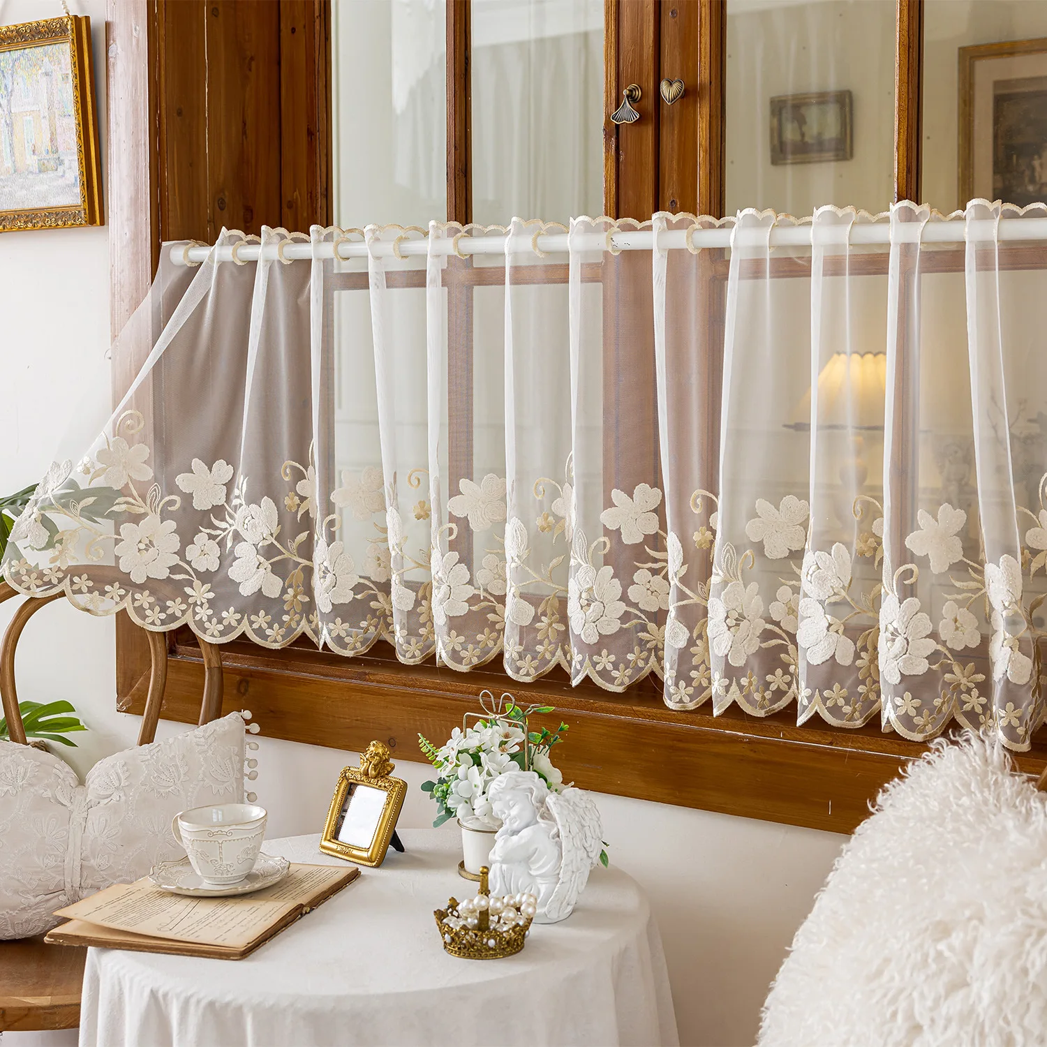Home Decor Window Blinds - 1PC アメリカンスタイルハーフカーテンレース刺繍ウィンドウシェード、コーヒーカラードアドレープ、家庭用半遮光装飾カーテン