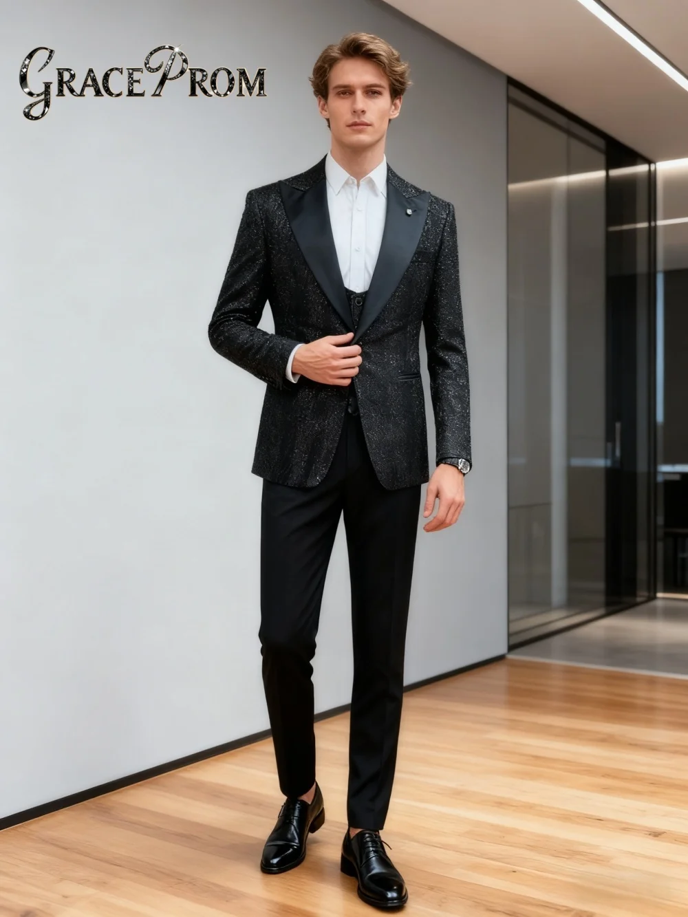 بدلة فاخرة للرجال بصدر واحد مكونة من 3 قطع أنيقة باللون الأسود الأنيق طقم رسمي للحفلات الراقصة لحفلات الزفاف والعريس #1